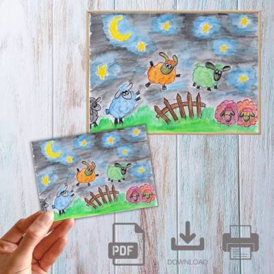 Postkarte, Poster, Illustration , Schafe, gute Nacht, handgemalt, PDF Download