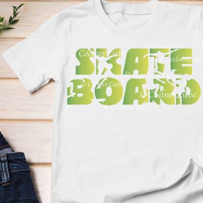 Bügelbild Skateboard mit Skater Silhouetten – Flex, Flock oder Glitterfolie individualisierbar