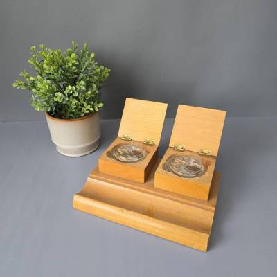 Vintage Schreibtisch Garnitur - Tintenfass - Helles Holz und Glas
