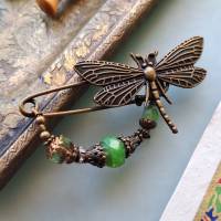 Schalnadel Libelle Grün Opal im Jugendstil, Tuchbrosche mit böhmischen Glasperlen in Grüntönen N-7-AB-44 Bild 3