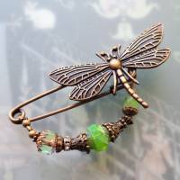 Schalnadel Libelle Grün Opal im Jugendstil, Tuchbrosche mit böhmischen Glasperlen in Grüntönen N-7-AB-44 Bild 6