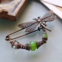 Schalnadel Libelle Grün Opal im Jugendstil, Tuchbrosche mit böhmischen Glasperlen in Grüntönen N-7-AB-44 Bild 7