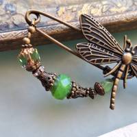 Schalnadel Libelle Grün Opal im Jugendstil, Tuchbrosche mit böhmischen Glasperlen in Grüntönen N-7-AB-44 Bild 8