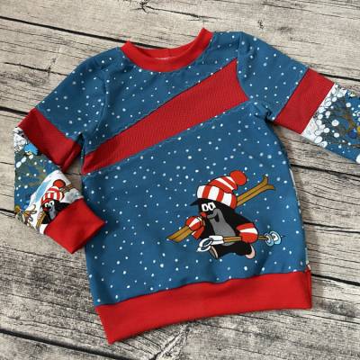 wunderschönes winterliches Sweatshirt Pulli gr.86/92 Pauli Maulwurf mit Ski  Schnee
