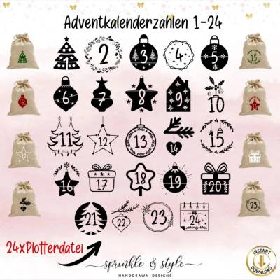 Plotterdatei Adventskalenderzahlen svg,  dxf Weihnachten, Digitaler Download, Adventskalender, Advent svg, Weihnachten