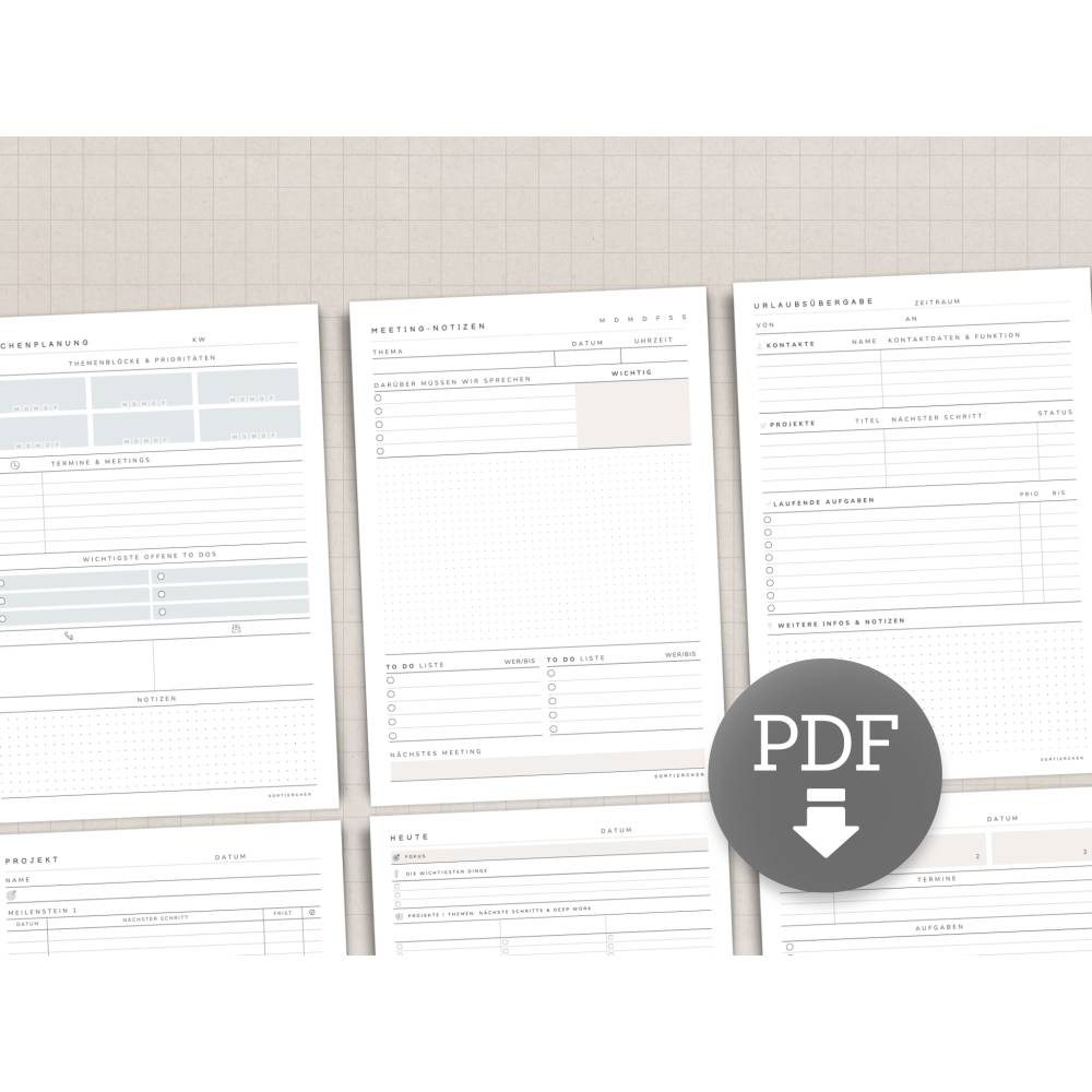 Großes Büro-Vorlagen Bundle | To-Do-Liste, Meeting-Notizen, Projektplanung, Übergabe, Stundenzettel & mehr | PDF zum Aus Bild 1