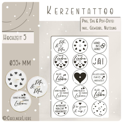 Kerzentattoos Hochzeit – DIY Druckvorlage Teelichter 55mm, inkl. gewerblicher Nutzung | Design 5