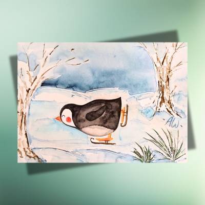 Winterkarte Schlittschuh-Pinguin – DIN A6 Postkarte auf Kraftpapier für Wintergrüße