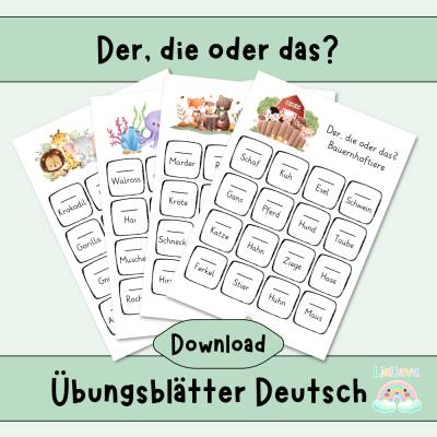 Übungsblätter Deutsch 1. Klasse – Der, die oder das? Tiere und Artikel üben – PDF Grundschule