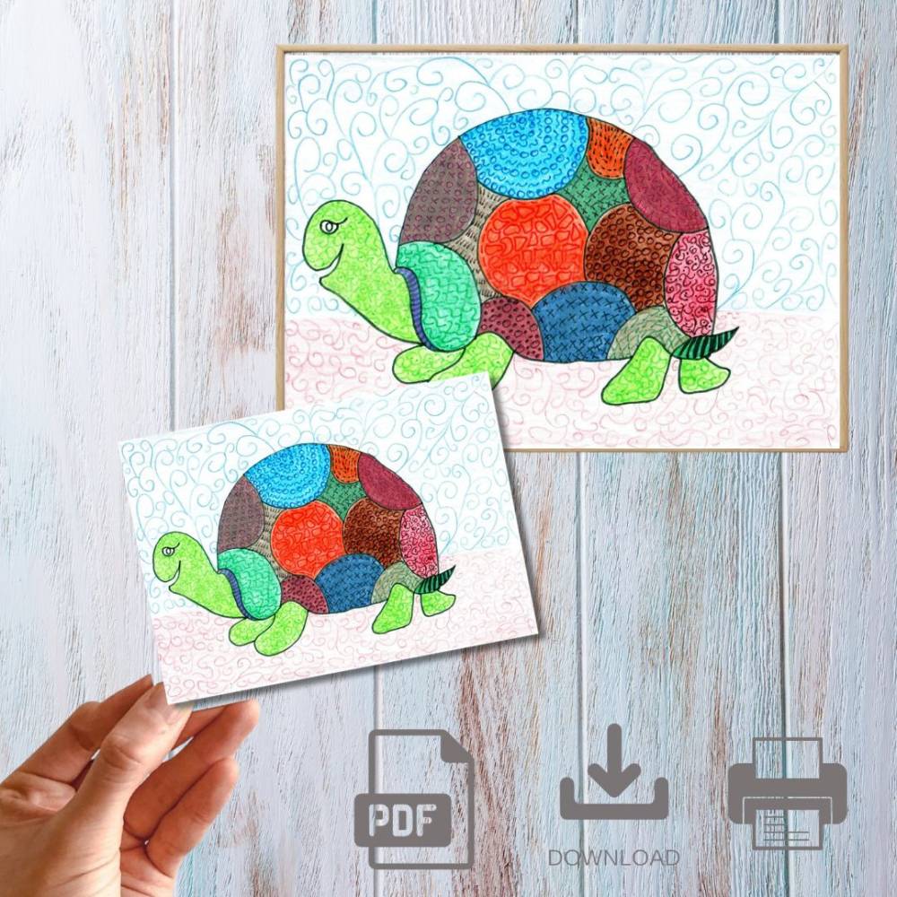 Postkarte, Poster, Illustration , bunte Schildkröte, gute Nacht, handgemalt, PDF Download Bild 1