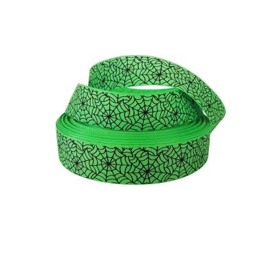 Ripsband Spinnennetz grün 22mm – Geschenkband mit Spinnennetz schwarz grün