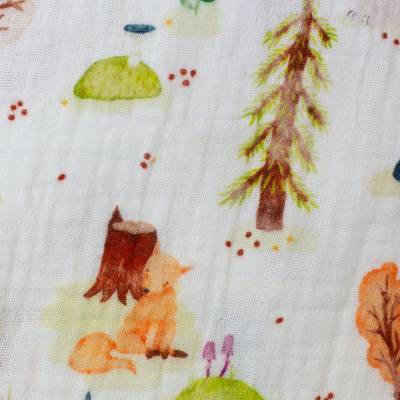 Musselin Double Gauze Bären, Füchse, Bäume, weiß Oeko-Tex Standard 100 (1m/12,- €)