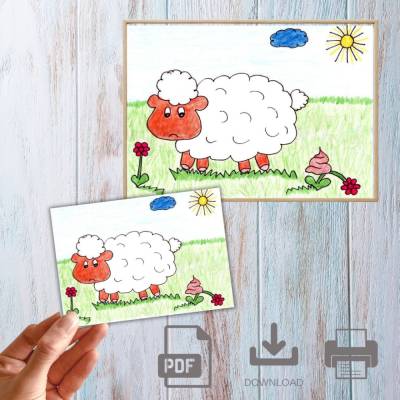 Postkarte, Poster, Illustration , Schaf ups, gute Nacht, handgemalt, PDF Download