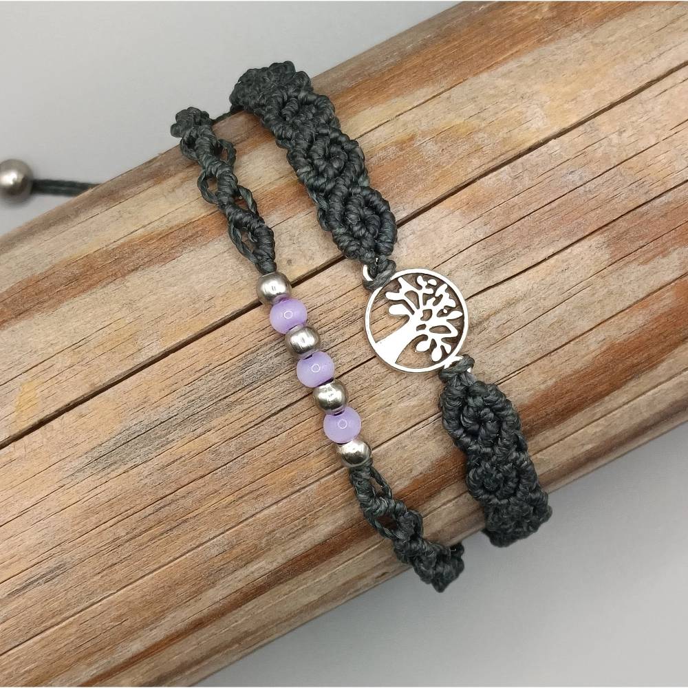 Makramee Armband 2in1 in  schwarz mit silberfarbenem Lebensbaum sowie kleinen Acryl- und Edelstahlperlen Bild 1