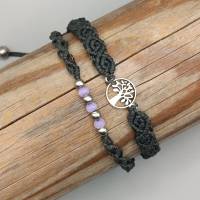 Makramee Armband 2in1 in  schwarz mit silberfarbenem Lebensbaum sowie kleinen Acryl- und Edelstahlperlen Bild 1
