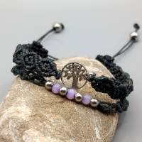 Makramee Armband 2in1 in  schwarz mit silberfarbenem Lebensbaum sowie kleinen Acryl- und Edelstahlperlen Bild 3