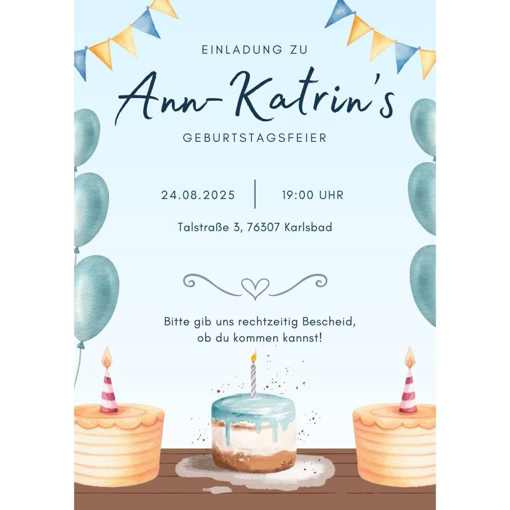 Personalisierbare Geburtstagseinladung Kindergeburtstag zum Ausdrucken – Kuchen & Party, DIN A4, Digital Bild 1