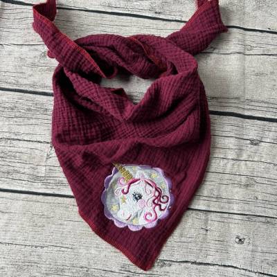 wunderschönes Musselin Halstuch / Dreieckstuch für Kinder Weinrot mit Einhorn