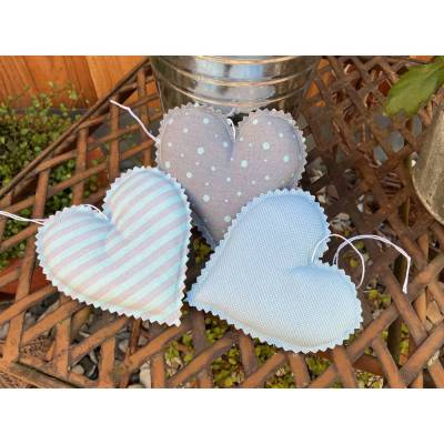 Stoffherzen grau/mint – 3er Set Dekoherzen 9x9cm handmade als Geschenk & Anhänger