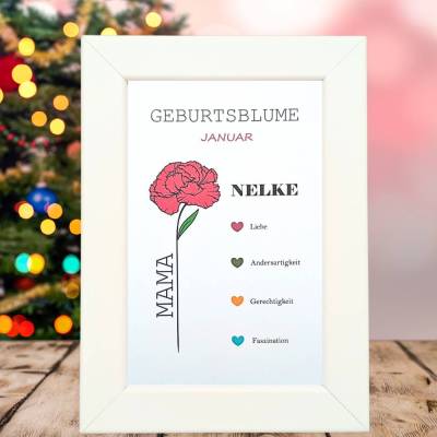 Weihnachtsgeschenk Geburtsblume Januar – Personalisiertes Bild mit Nelke