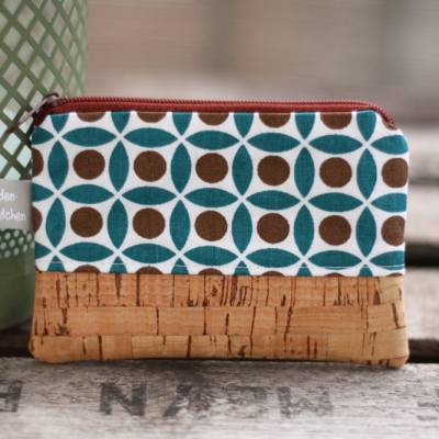 Kleines Schlüsseletui RETRO aus Kork und Baumwolle türkis/weiß – Mini-Geldbörse und Schlüsseltasche