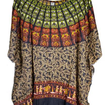 Damen-Kaftan - Handarbeit mit sommerlichen Motiven, schwarz-braun, neu, mit Fransen