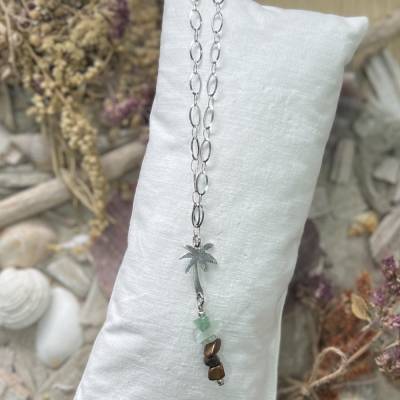 „Palmtree“ silber - Edelstahl-Halskette mit Anhänger Palme und Edelstein-Splittern