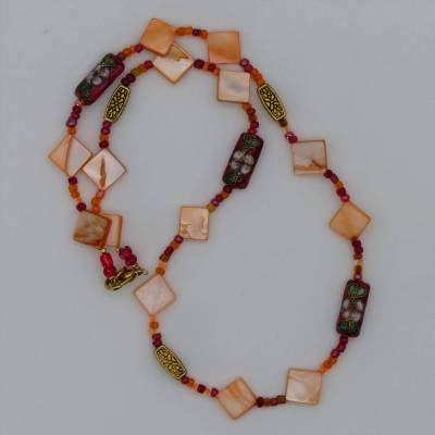 Halskette - orange rot- Perlmuttperlen - Cloisonneperlen - Rocailles - Fädelschmuck - Unikat