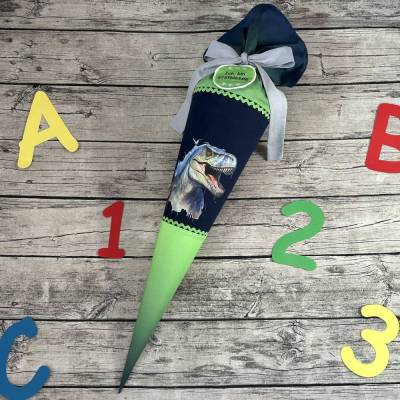 supercoole Schultüte Zuckertüte in blau-grün mit Dino T-rex Motiv