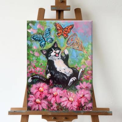 Original Gemälde Katze mit Schmetterlingen - Acryl auf Leinwand 18×24 cm – Tier Kunst -Wandbild Katzenbild- Geschenkidee