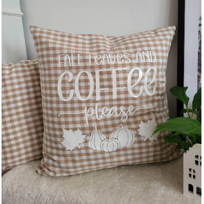 Herbstliches Vichy Karo Kissen Braun Weiß – Farmhouse Kissenbezug mit Spruch & Kürbis – Herbstdeko 40x40 50x50