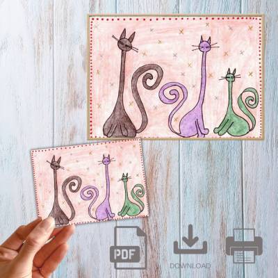 Postkarte, Poster, Illustration , Sternenkatzen, Katzen, handgemalt, PDF Download