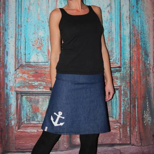 Jeansrock mit Anker-Applikation – Blauer A-Linien-Rock aus Jeans, Gr. 36-44