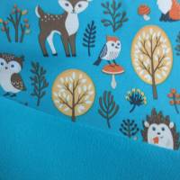 Rest:1,50 m x 1,40m Softshell Waldtiere Fuchs Reh Hase helles Petrol( 1m/10,00€ )