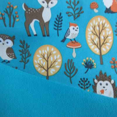 Rest:1,50 m x 1,40m Softshell Waldtiere Fuchs Reh Hase helles Petrol( 1m/10,00€ )