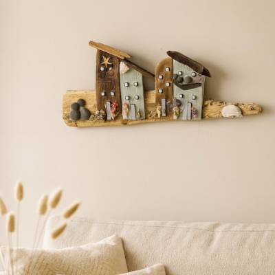 Maritime Deko: Shabby Chic Steinbild & Deko Häuser aus Holz – Skandinavisches Wandbild Unikat