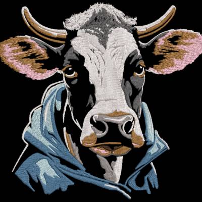 Kuh cool Lichteffekt Stickdatei 12-14x18cm– Lustiges Kuhmotiv im Hoodie für dunkle Stoffe