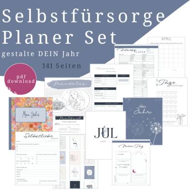 Selbstfürsorge lernen Set, Jahresplaner Bundle 141 Seiten zum ausdrucken inkl. u.a. Affirmationskarten, Mandalas, B