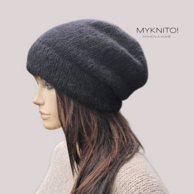 Strickmütze, Wolle, Alpaka schwarz, Beanie, gestrickt, slouch, Mütze