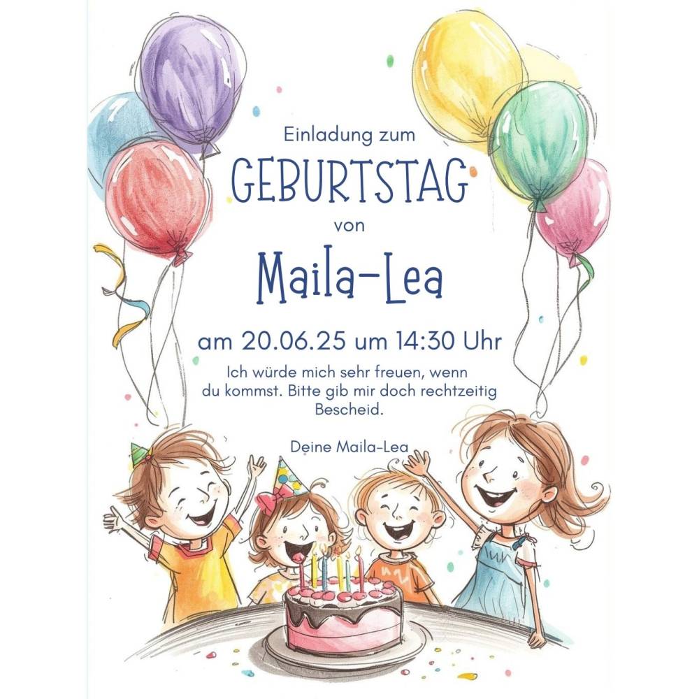 Personalisierbare Einladung Kindergeburtstag A4 – Luftballons, Geschenke & Kuchen als digitaler Download Bild 1