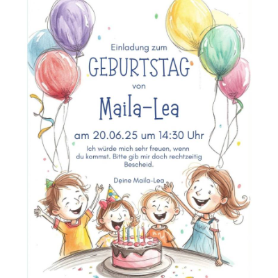 Personalisierbare Einladung Kindergeburtstag A4 – Luftballons, Geschenke & Kuchen als digitaler Download