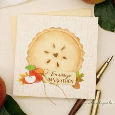 Dankeskarte „Apfelkuchen“ – Handgefertigte Grußkarte 14x14 cm mit Umschlag