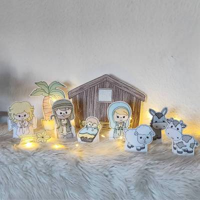 Stickdatei Weihnachten Krippe In the Hoop Set 2585 – 12 Motive für festliche Dekoration & LED-Lichter