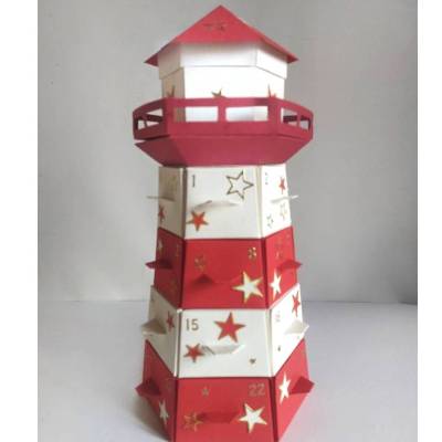 Adventskalender Leuchtturm zum selbst befüllen – Handgemacht in Rot/Cremfarben