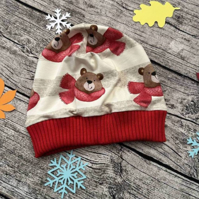 wunderschöne Mütze Beanie gr.50-52 Beige Rot Bär