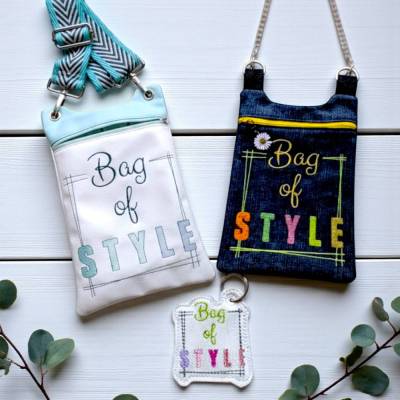 Stickdateien Spruch Bag of Style ab 10x10 cm – 2 Motive, 7 Dateien, ITH Anhänger, Sofort Download
