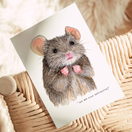 Postkarte „Ich bin eine Optimistin!“ – niedliche Maus | Aquarell | Aufmunternder Gruß & Mutmacher-Karte