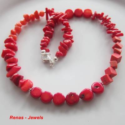 Edelstein Kette Rote Koralle mit 925 Silber – Handgefertigtes Collier in Rot & Silber Edelsteinkette