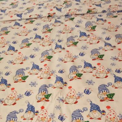 6.-€/m, Baumwollstoff, Wichtel mit Tannenbaum, Weiß-Blau, Weihnachten, Advent