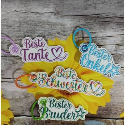 Stickdatei Schlüsselanhänger ITH Set Schwester, Bruder, Tante, Onkel – liebevolles Design für deine Stickmaschine